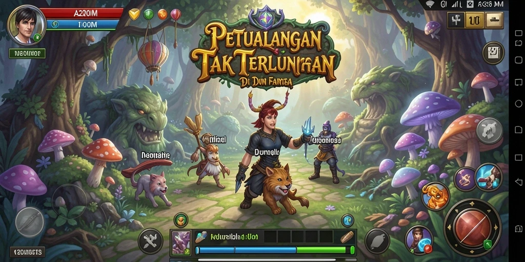 Tampilan screenshot utama A200M menampilkan aksi seru dalam dunia petualangan.