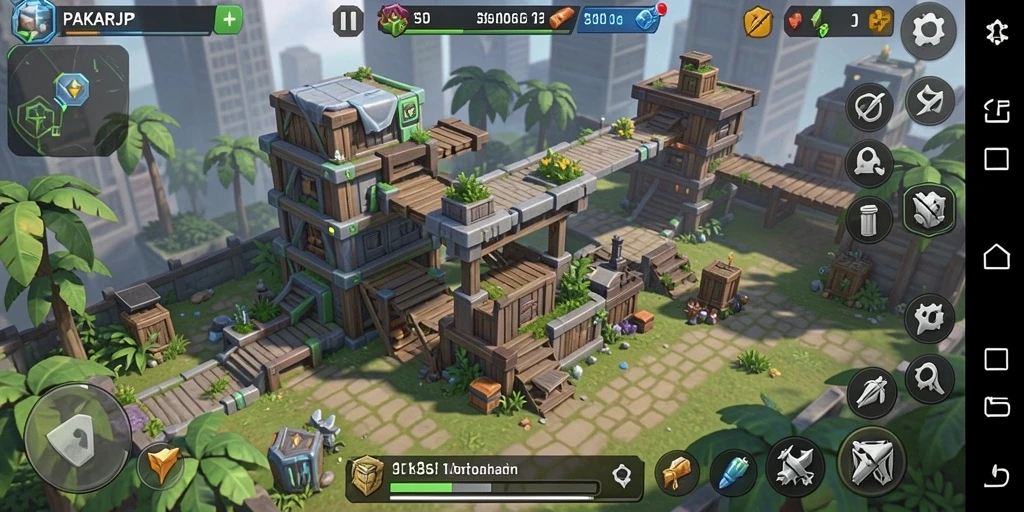 Tangkapan layar gameplay PAKARJP menampilkan menara pertahanan yang strategis dan gelombang musuh.