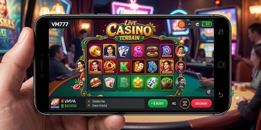 Screenshot gameplay VM777 yang menampilkan dealer langsung dan suasana kasino.